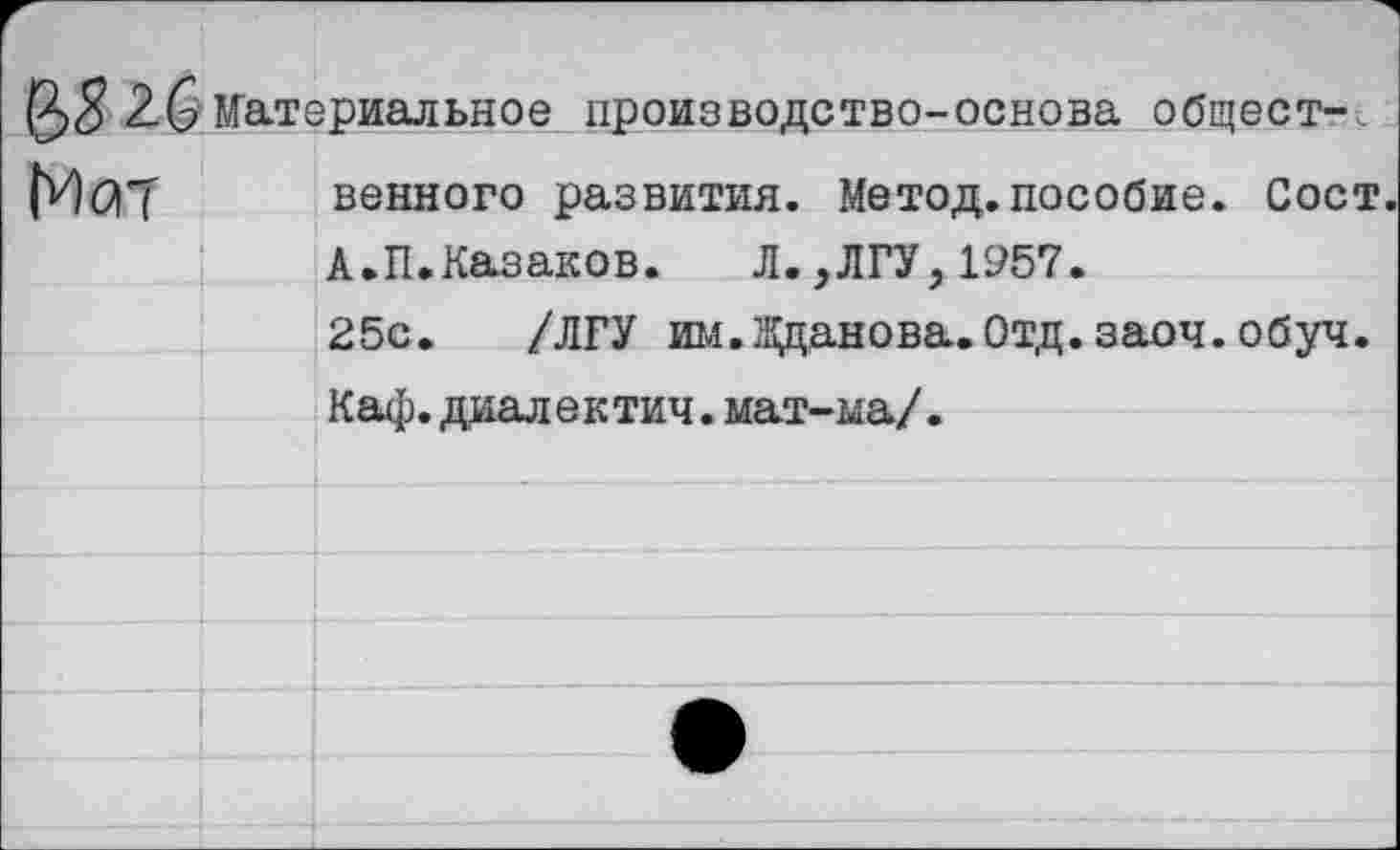 ﻿2-6 Материальное производство-основа общест-
|У)(ЗТ венного развития. Метод.пособие. Сост.
А.П.Казаков.	Л.,ЛГУ,1957.
25с. /ЛГУ им.Жданова.Отд.заоч.обуч.
Каф.диалектич.мат-ма/.